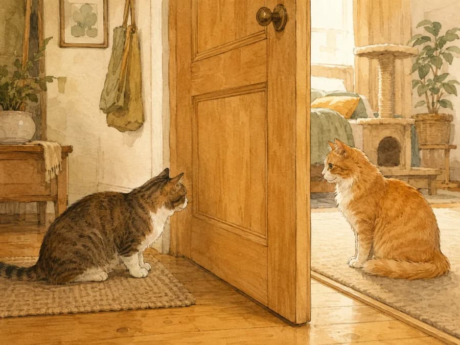 Two cats calmly separated by a closed door during a slow introduction