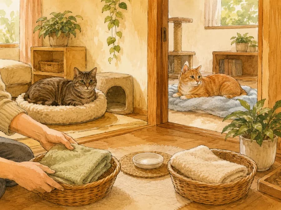 A towel scent swap setup for two cats during a calm introduction process