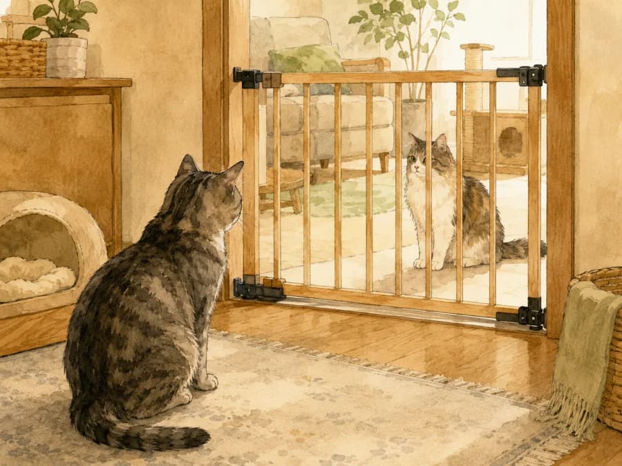 Two cats seeing each other from a safe distance through a baby gate during a calm introduction