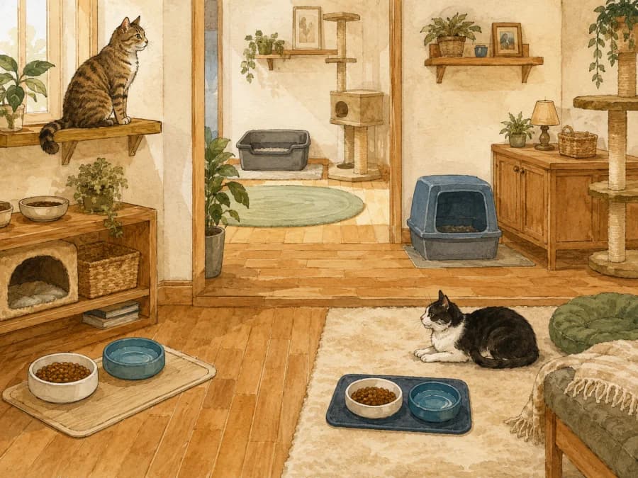 Separate food, water, and litter resources prepared for two cats during introductions