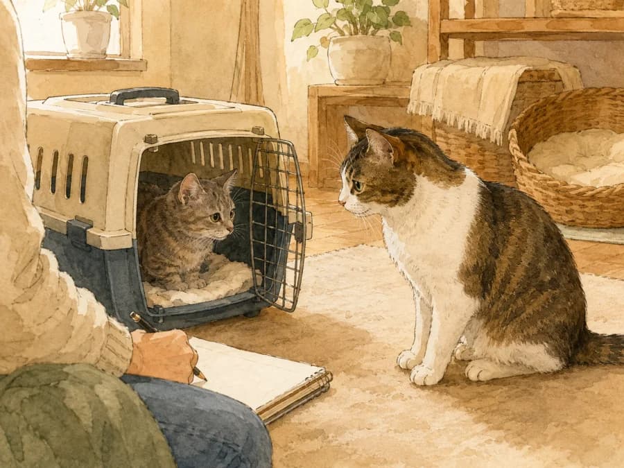 A calm cat meet-and-greet in a quiet room with a carrier and adoption notes nearby