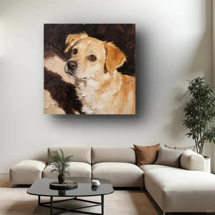 AI-generated dog portrait framed and hanging on a living room wall, the finished product a buyer receives