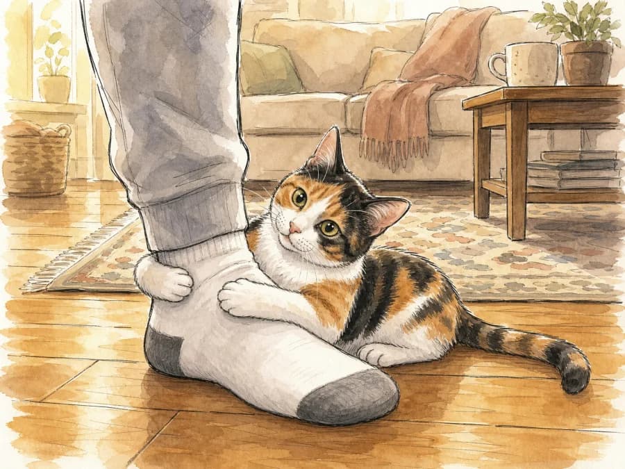 Playful calico cat gently holding a person’s socked ankle on a warm living room floor