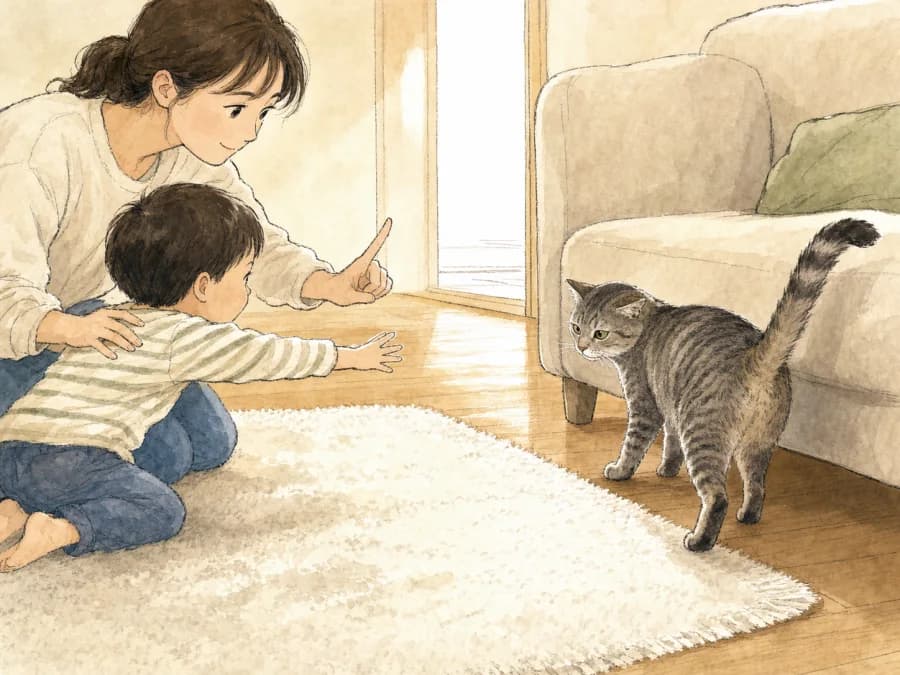Child learning to read cat body language while an adult gently guides them