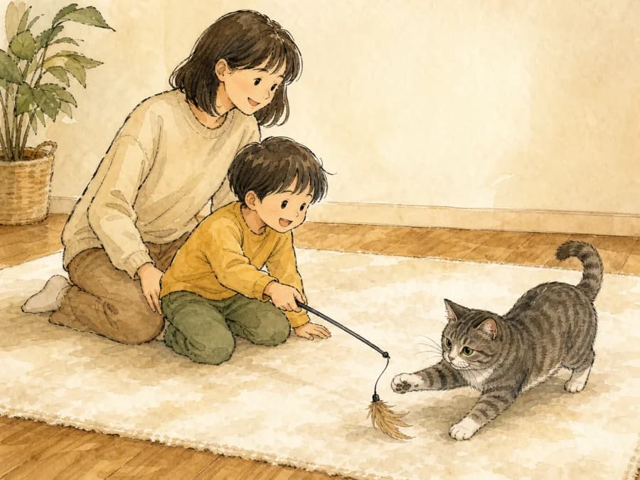 Child and adult redirecting a cat with a wand toy instead of hands