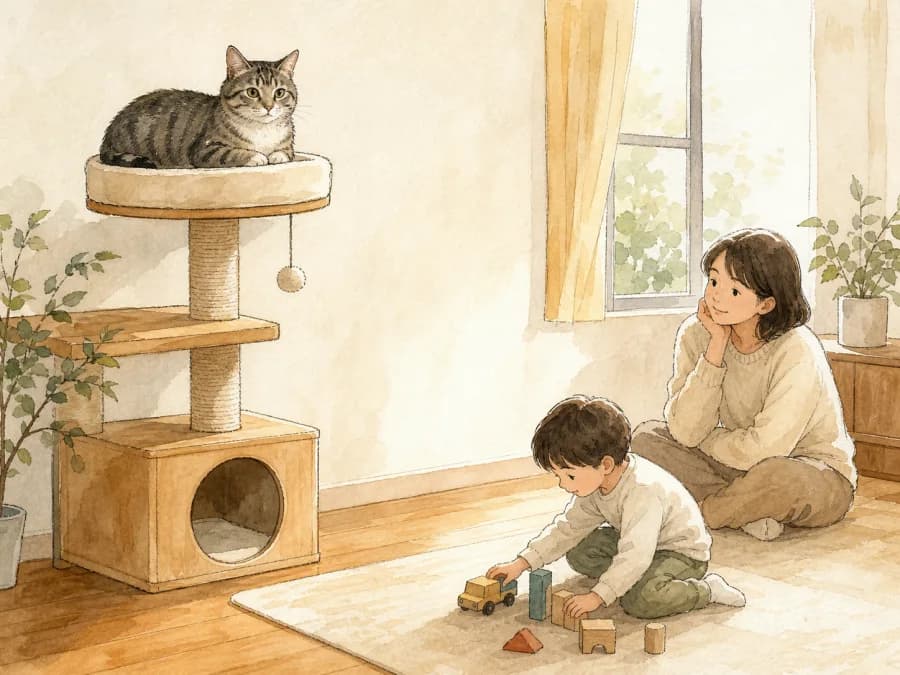 Cat resting on a tall safe perch while a child plays nearby
