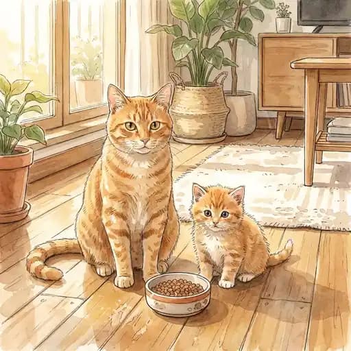 Adult orange tabby beside a kitten representing different feeding needs by life stage