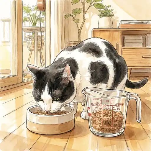Tuxedo cat eating near a measuring cup used for portion control
