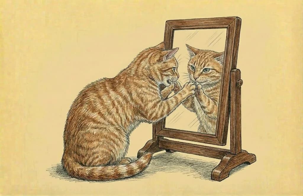 Cat looking behind a freestanding mirror