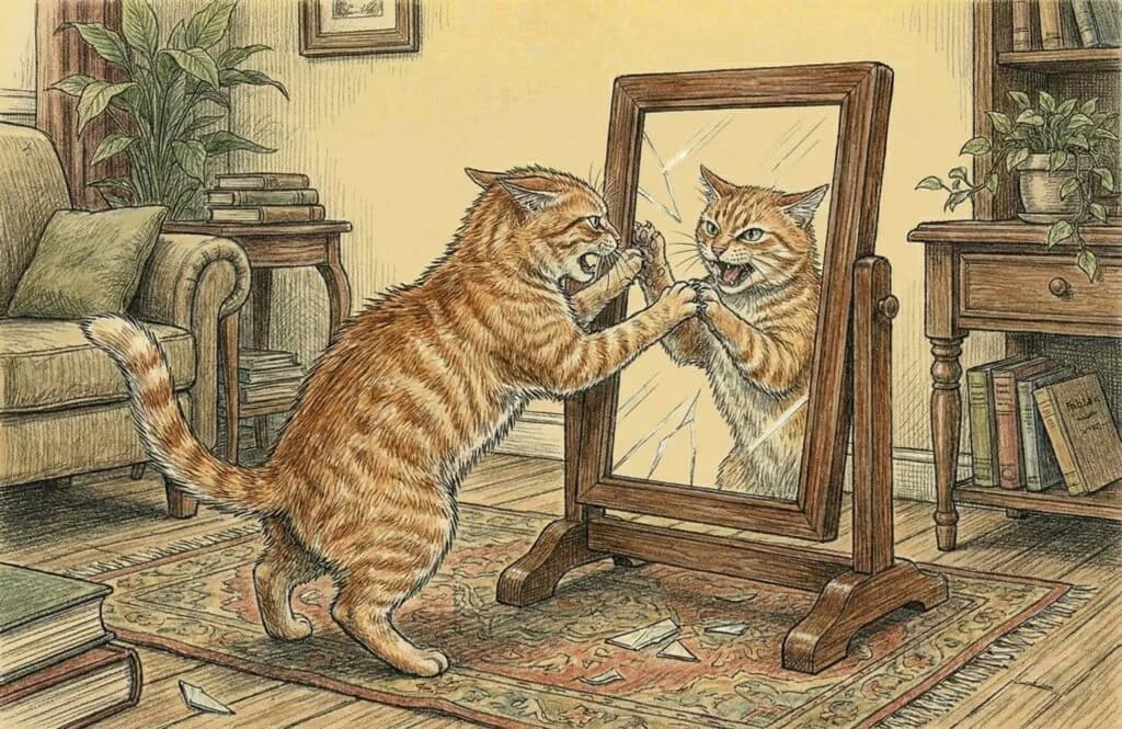Covered mirror and nearby cat toys for redirection