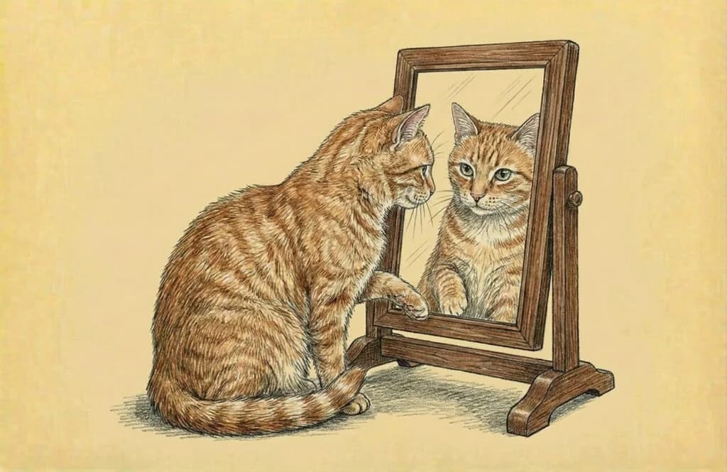 Close view of a cat confronting its reflection