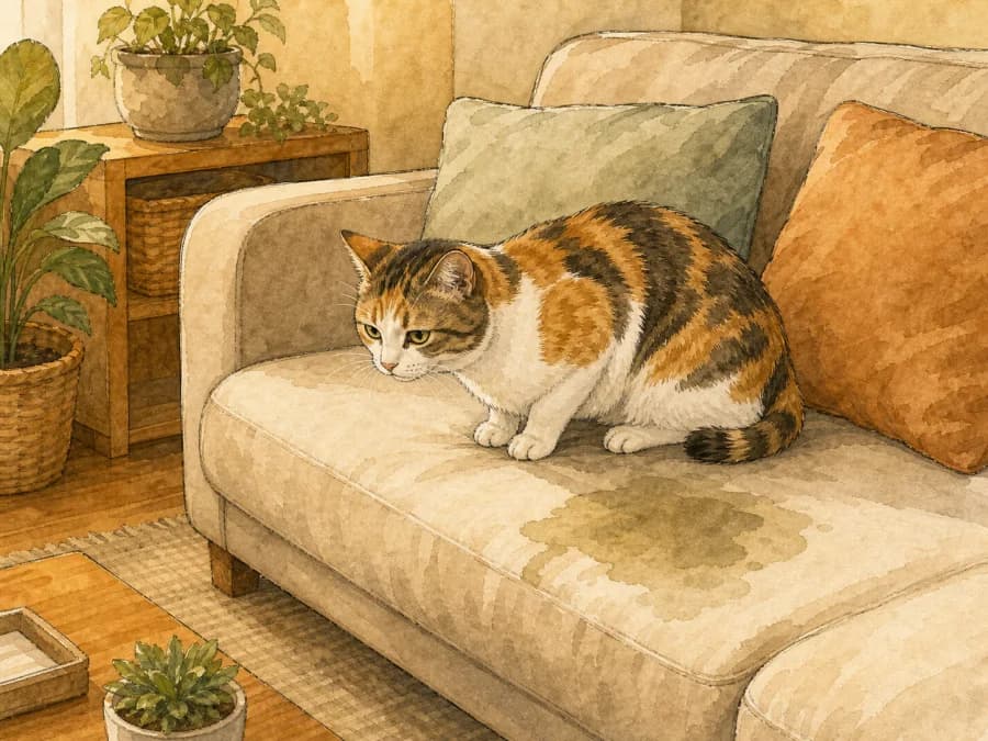 Cat peeing on a sofa cushion