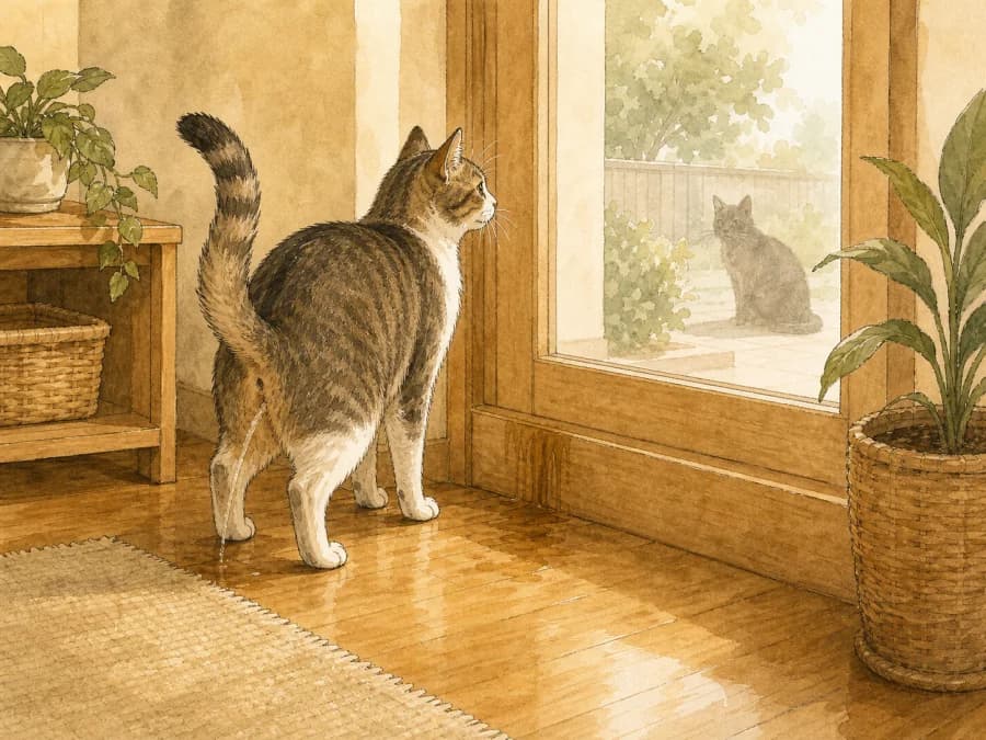Tense cat marking near a window