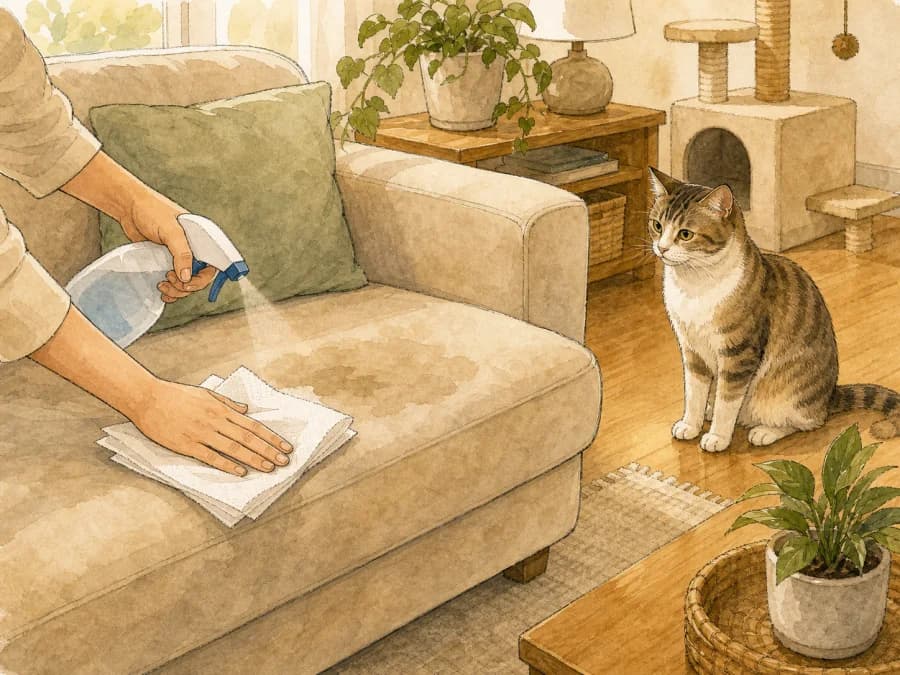 Hands cleaning a pee stain on a sofa