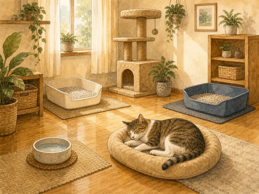 Organized cat room with litter boxes