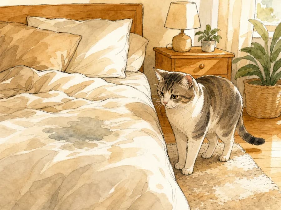 Cat standing beside a wet patch on bedding