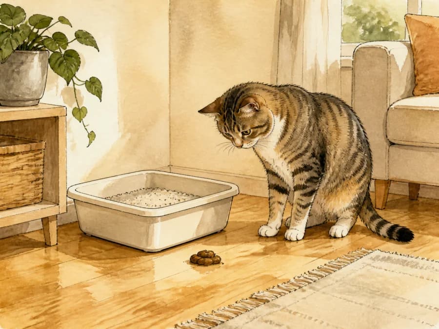 Cat beside a clean litter box with poop outside
