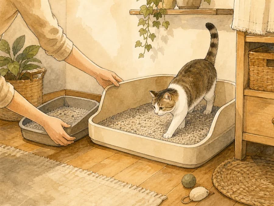 Hands replacing a small litter box with a larger one