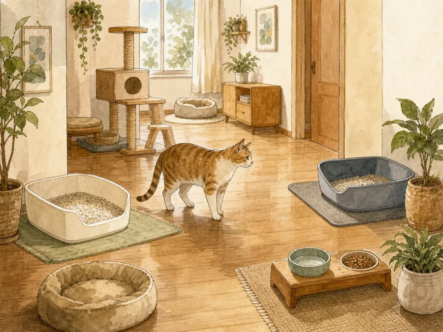 Two litter boxes spaced in a quiet home layout