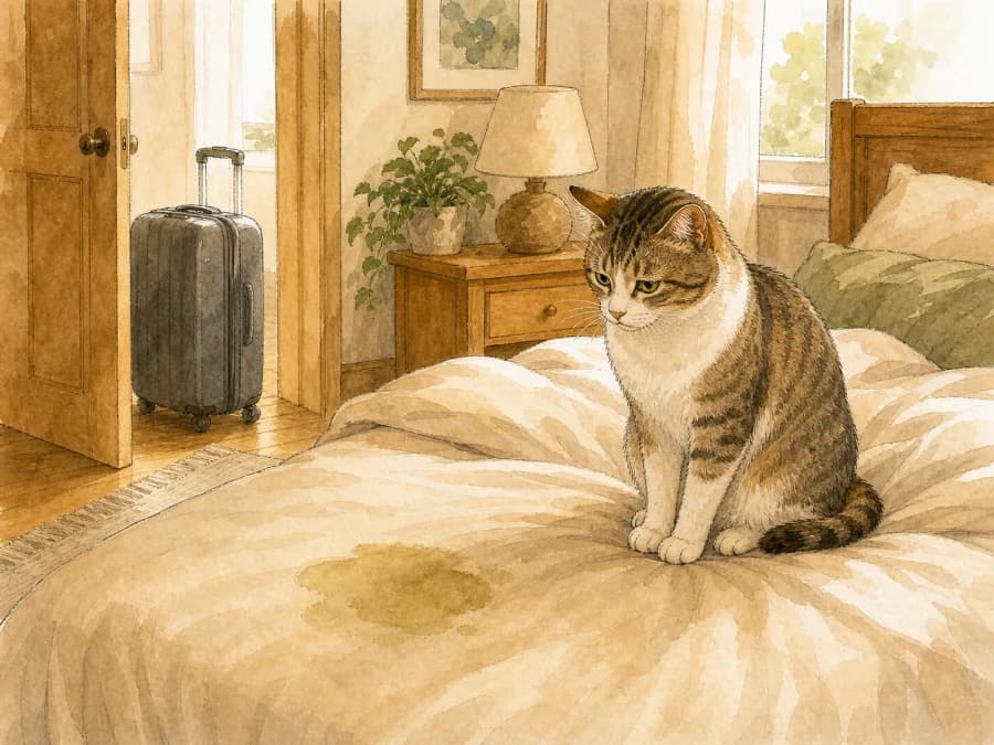 Cat on a bed beside a wet patch with a suitcase nearby