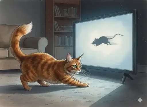 Orange cat in pouncing pose watching a mouse on TV
