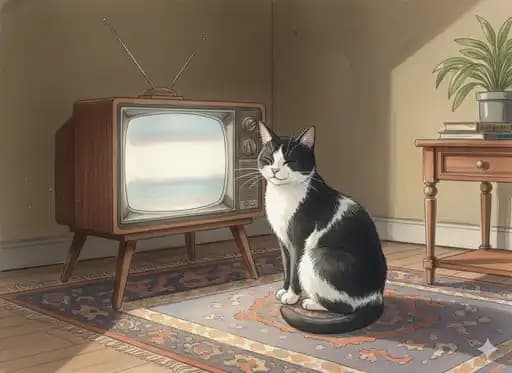 Tuxedo cat leaning against a vintage TV for comfort