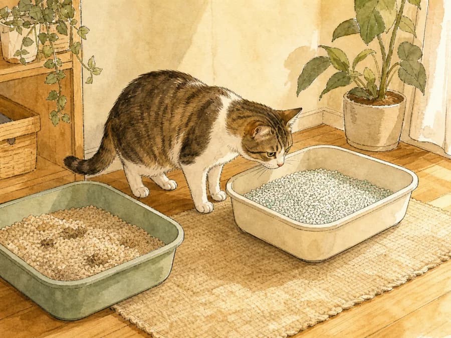 Cat hesitating beside unfamiliar new litter