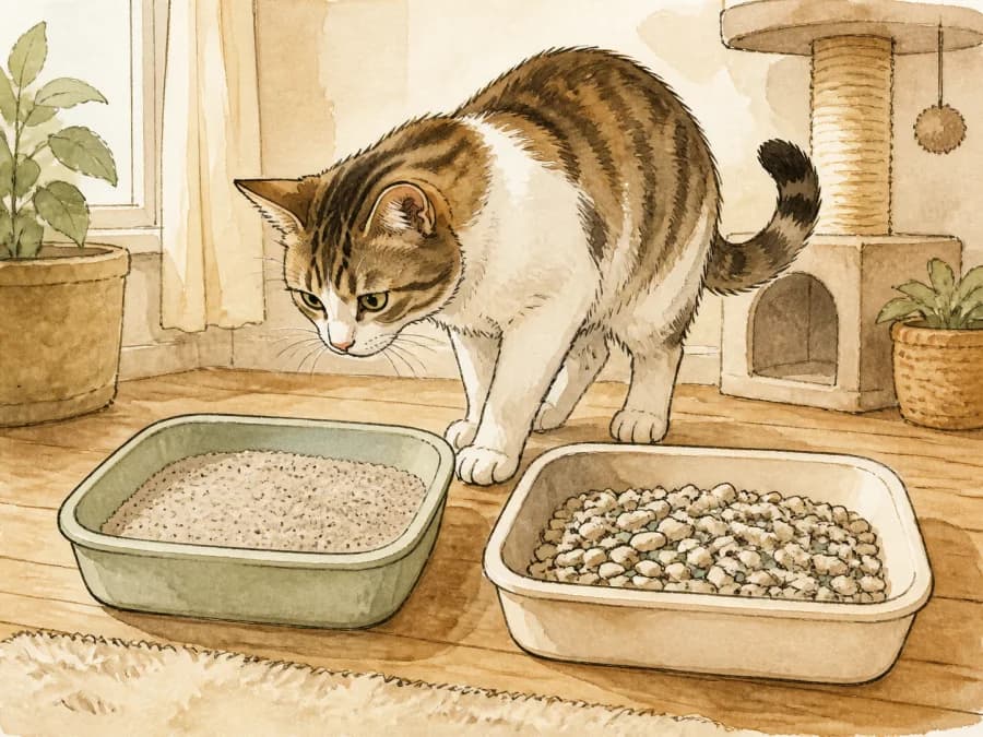 Cat comparing familiar and coarse litter textures