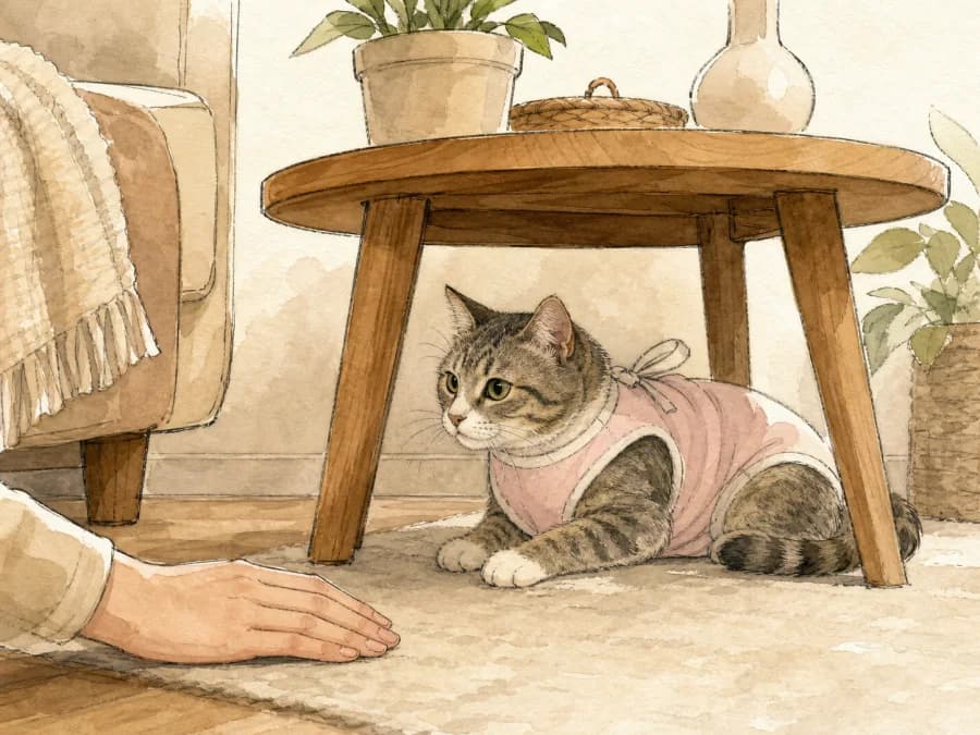 Recovering spayed cat keeping space while an owner stays calm nearby
