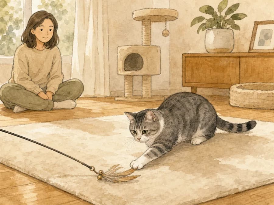 Owner using a low wand toy for gentle play during spay recovery