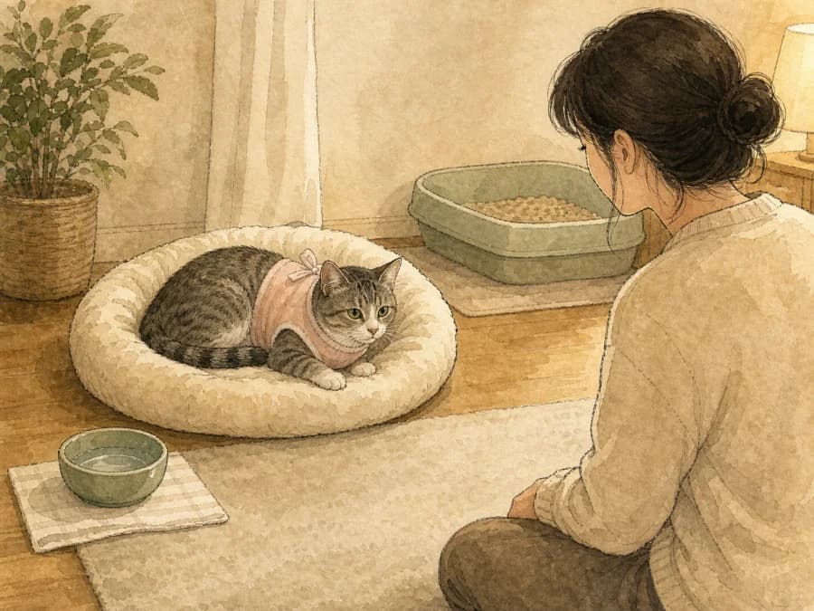 Low-stimulation recovery room setup for a spayed female cat