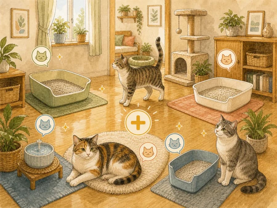N+1 rule for litter boxes with multiple cats: one extra box for shared households.