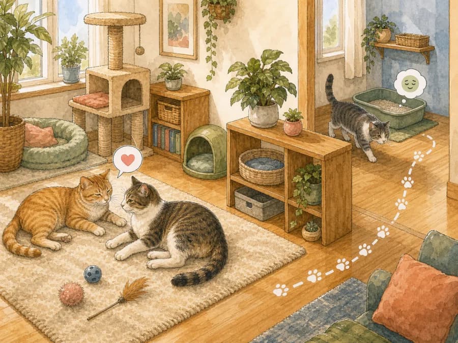 Adjust litter box placement based on relationship stress between household cats.