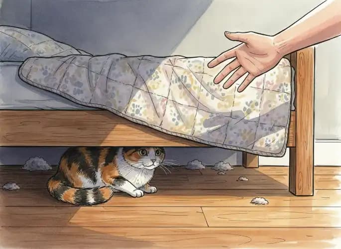 Scared cat watching an owner cautiously