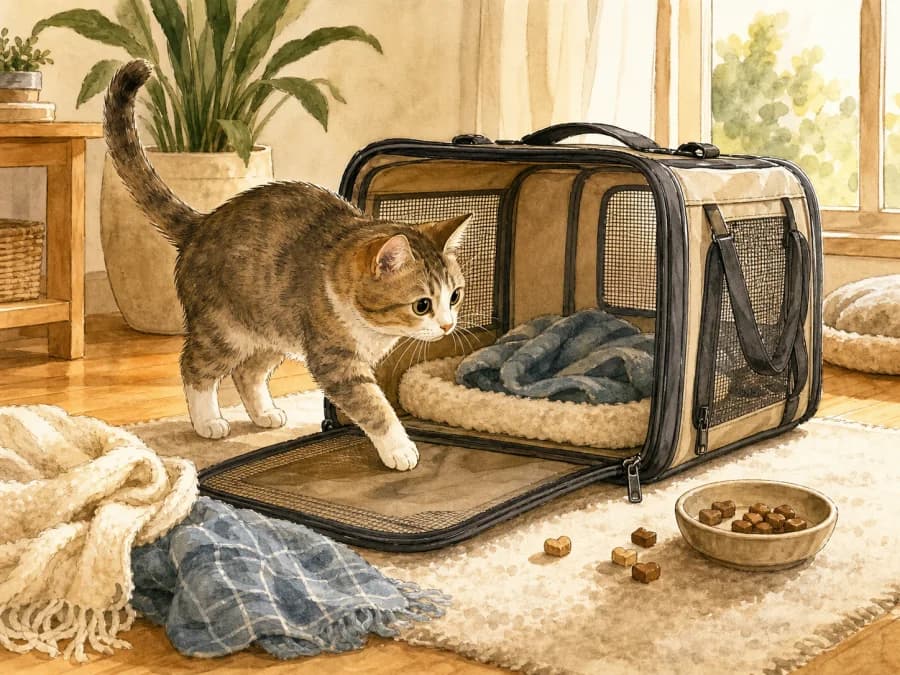 Cat exploring an open airline carrier with treats during early flight preparation