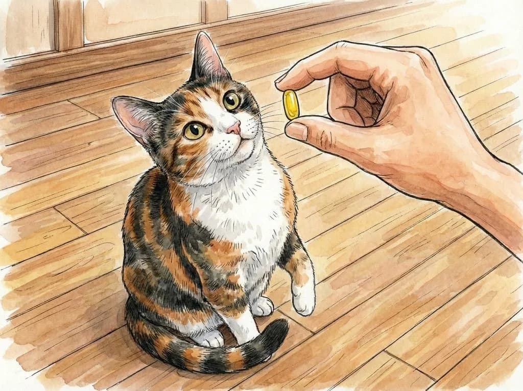 cat curious about omega-3 capsule