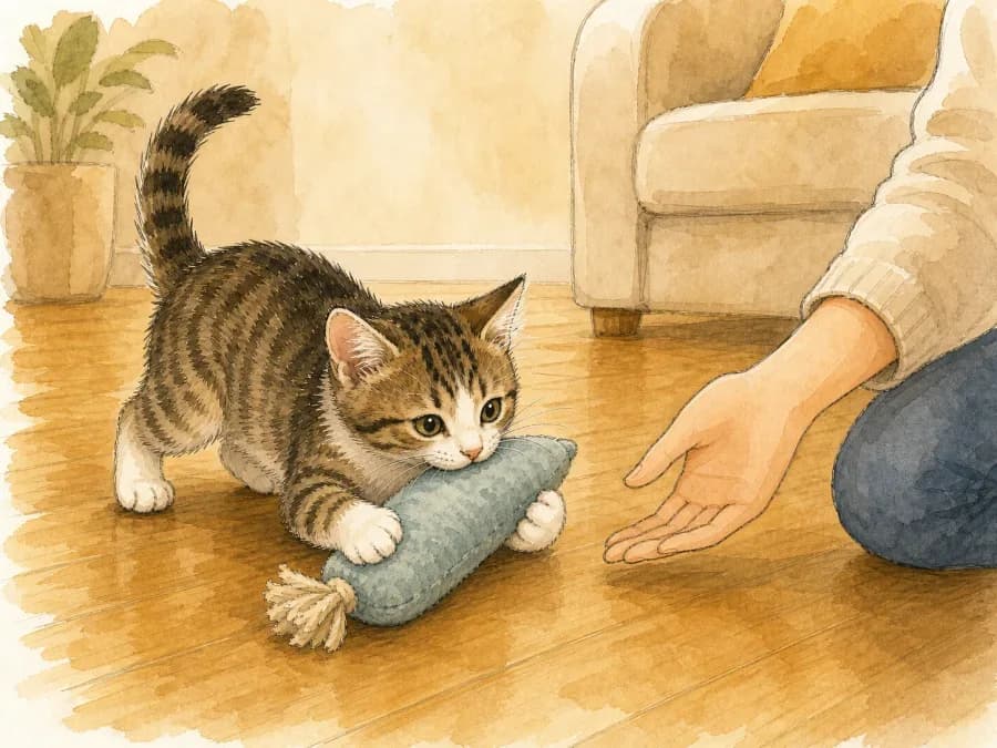 Kitten redirected from a hand to a safe toy during play training