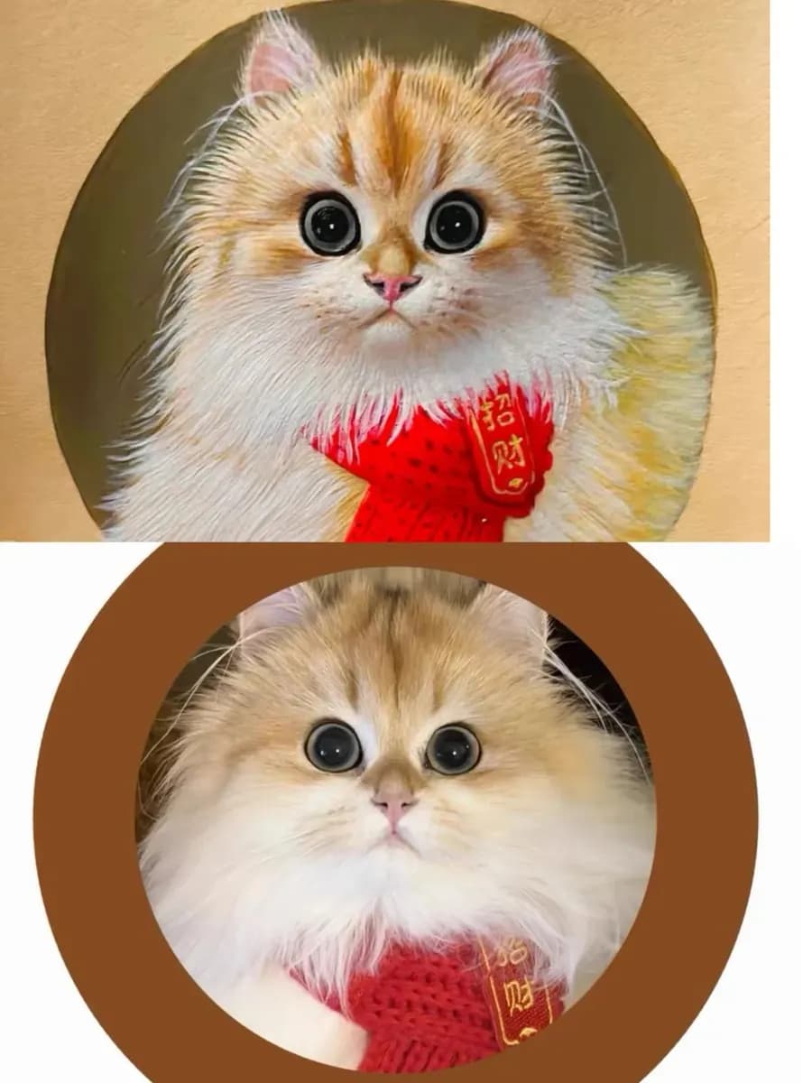 Leather-carved cat portrait that misses the cat's likeness, compared with the reference photo it was based on