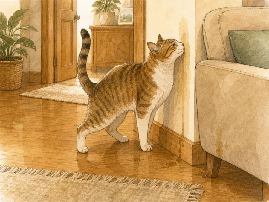 Male cat spraying on furniture in a quiet home