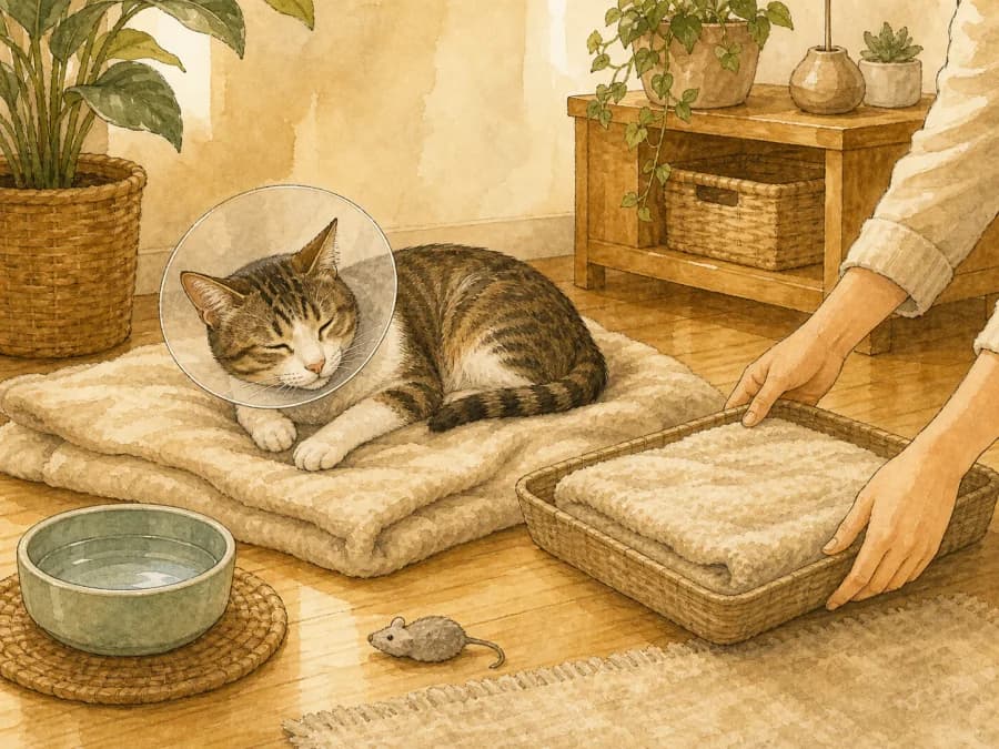 Cat resting calmly after neutering at home
