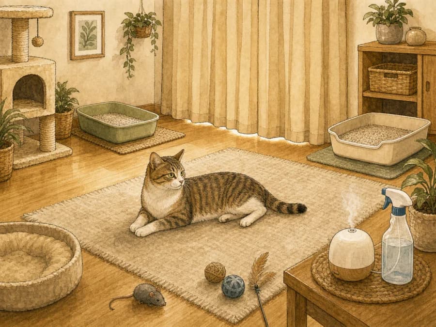 Organized cat room with litter boxes and calming supplies