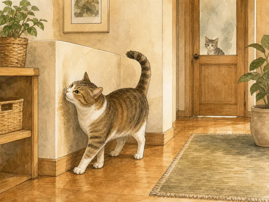 Resident cat marking near a doorway