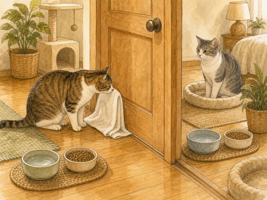 Cats separated by a door during scent exchange