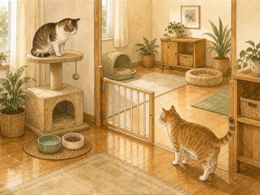 Calm cat introduction with a barrier
