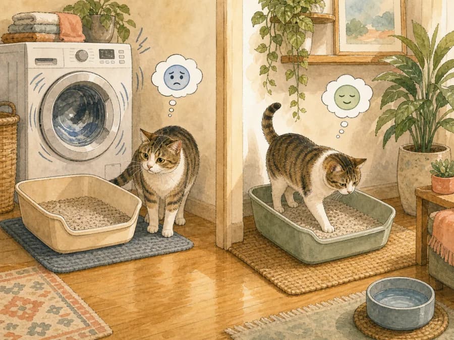 Where to place the litter box: quiet spots reduce stress and improve use.