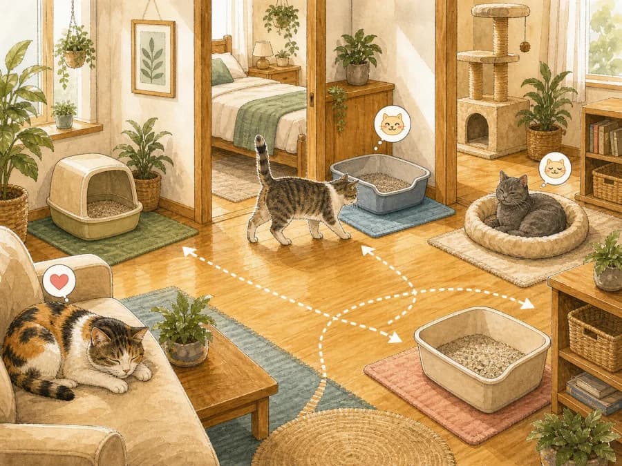Cat litter box placement for multi-cat households to reduce access conflict.