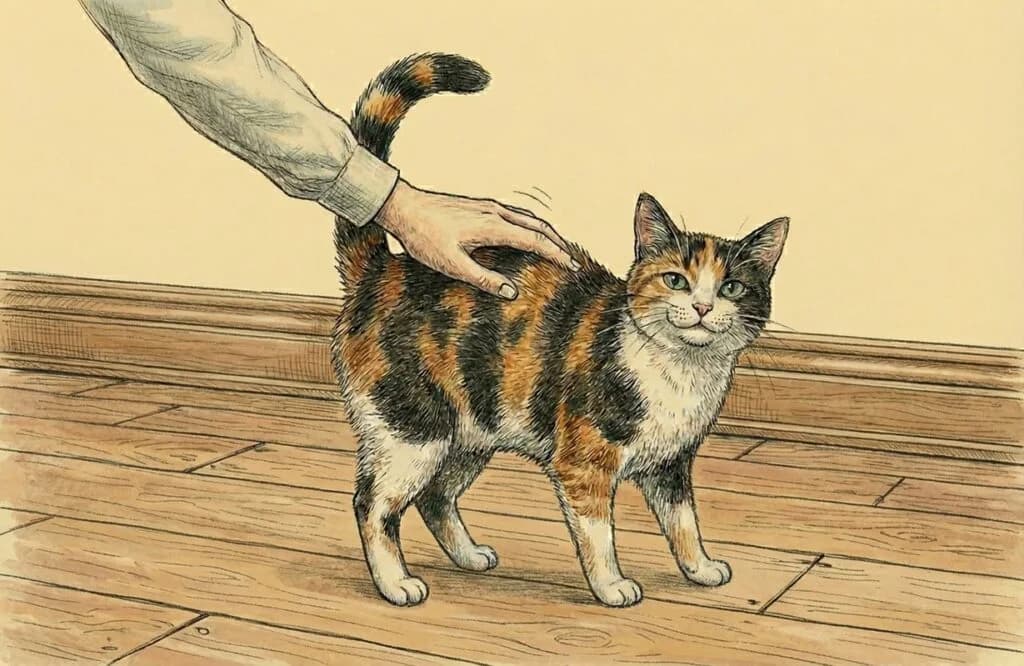 Cat enjoying gentle tail-base petting with a relaxed raised tail