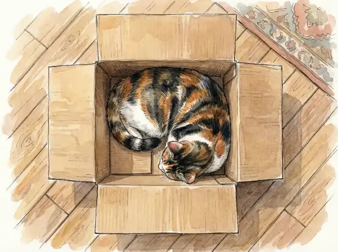 Cat resting in a cardboard box in a quiet room
