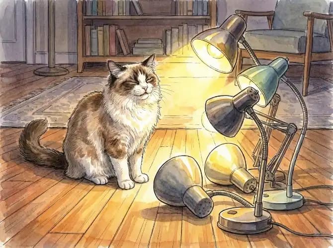 cat feeling uncomfortable with many lamps light